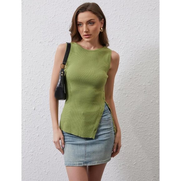 Women's Ribbed Knit Tank Top Slim Fit Sleeveless Side Button Slit Casual - Picture 2 of 5
